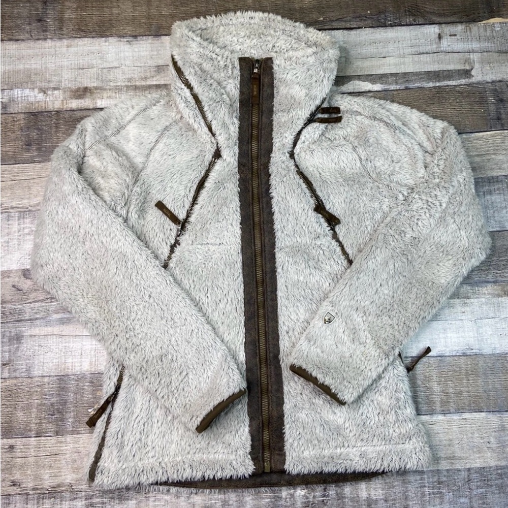 KUHL Flight Jacket Women S Beige Sherpa Soft Fleece Hooded Hiking Zip Travel